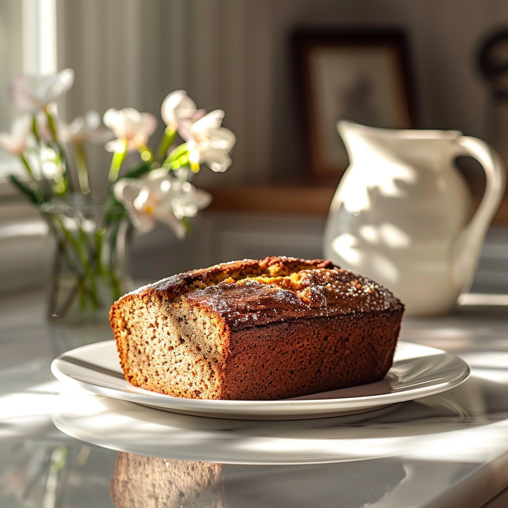 A slice of banana bread made without butter, displayed on a white marble countertop, surrounded by natural light.