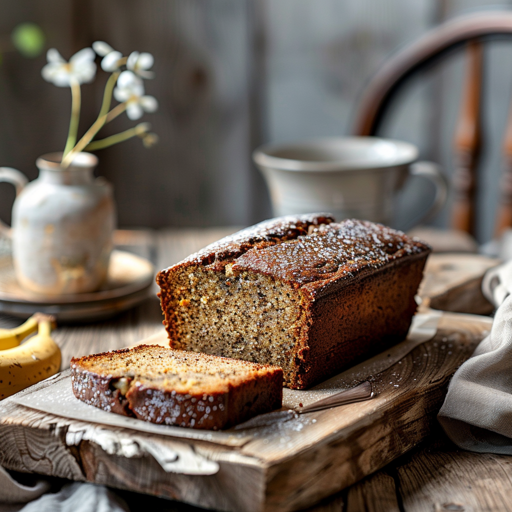 A slice of eggless banana bread on a light wooden board with natural light illuminating the scene.