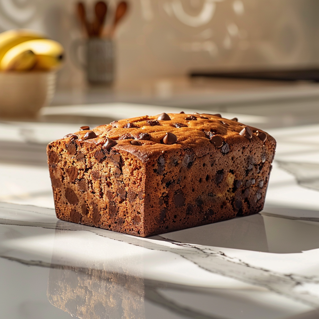 A slice of chocolate chip banana bread on a white marble countertop, beautifully styled with soft natural light.