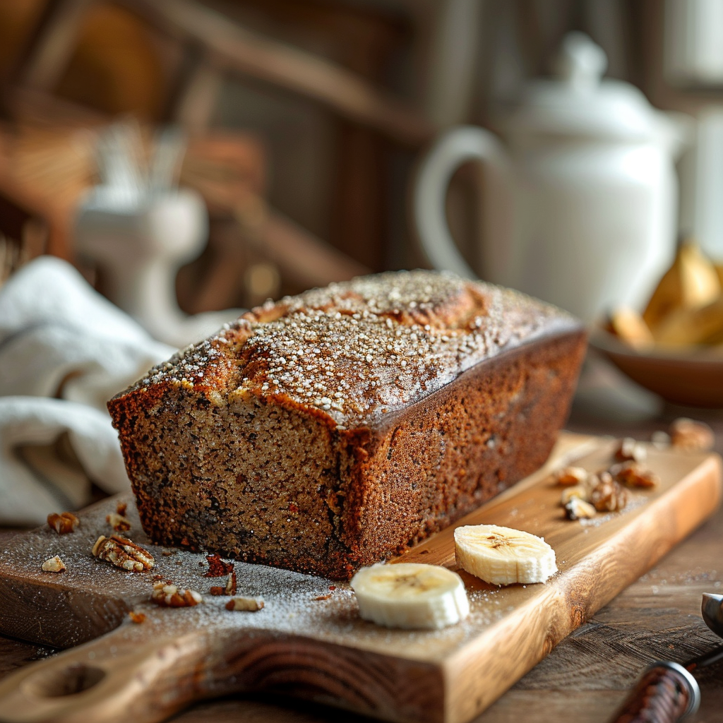 A close-up of a slice of banana bread on a light wooden board, showcasing its texture and golden crust.