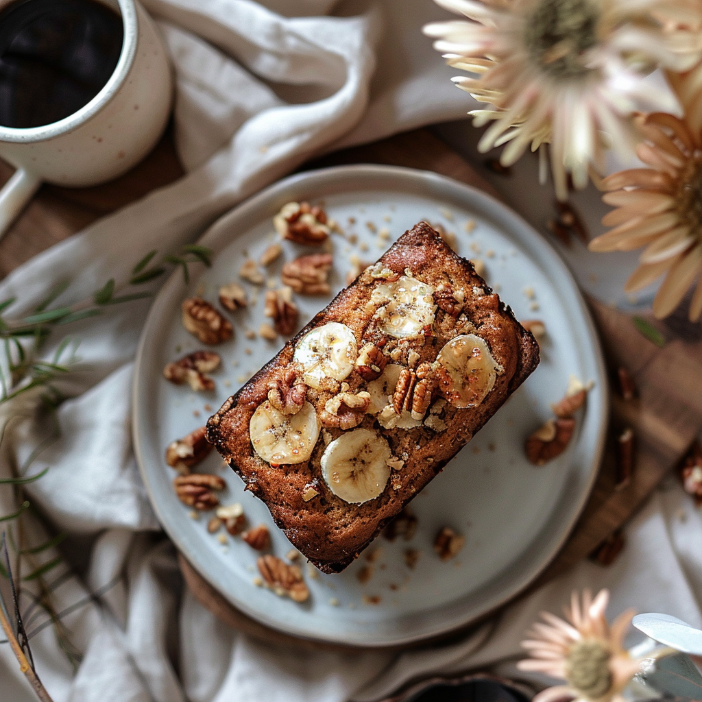 Top-down view of a slice of banana nut bread on a light grey ceramic plate.