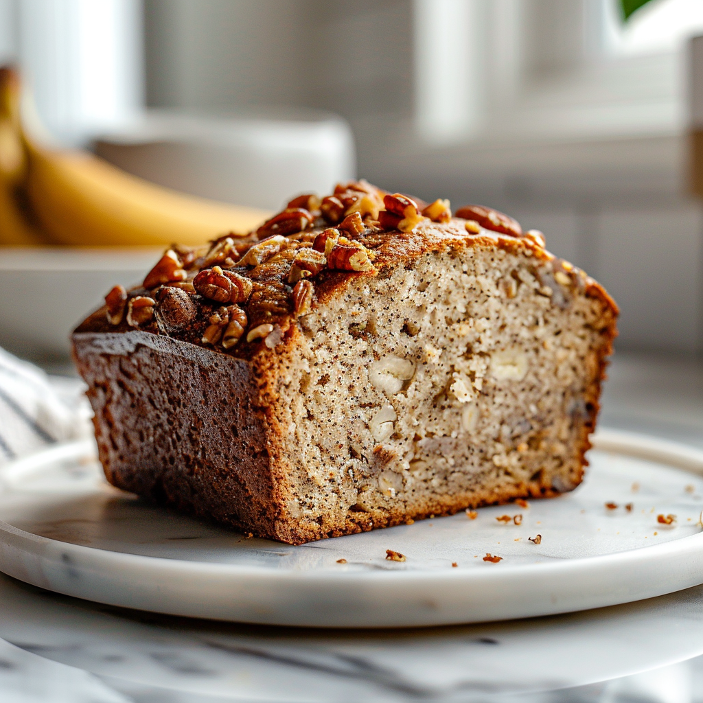 Close-up of a slice of banana nut bread on a white marble countertop.