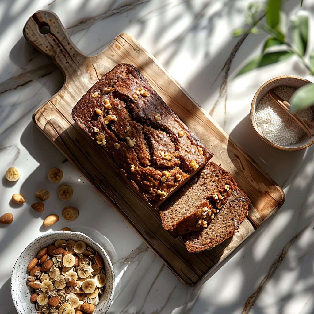 A flatlay of three distinct healthy banana bread recipes arranged on a light wooden board.