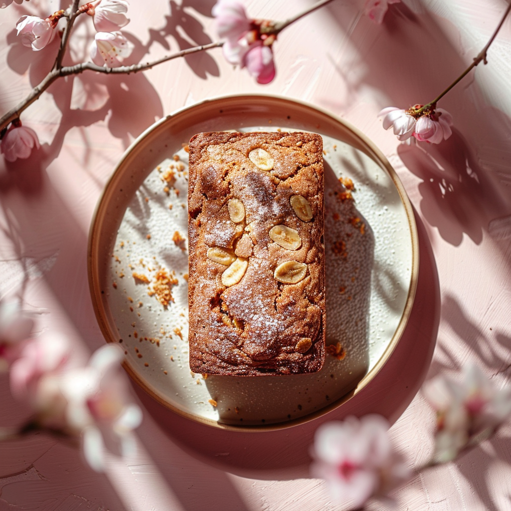 Three slices of healthy banana bread displayed on a pale pink surface.