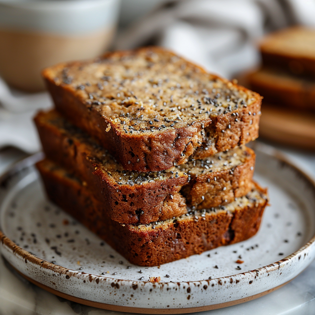 A light grey ceramic plate featuring three slices of healthy banana bread, beautifully arranged with a soft background.