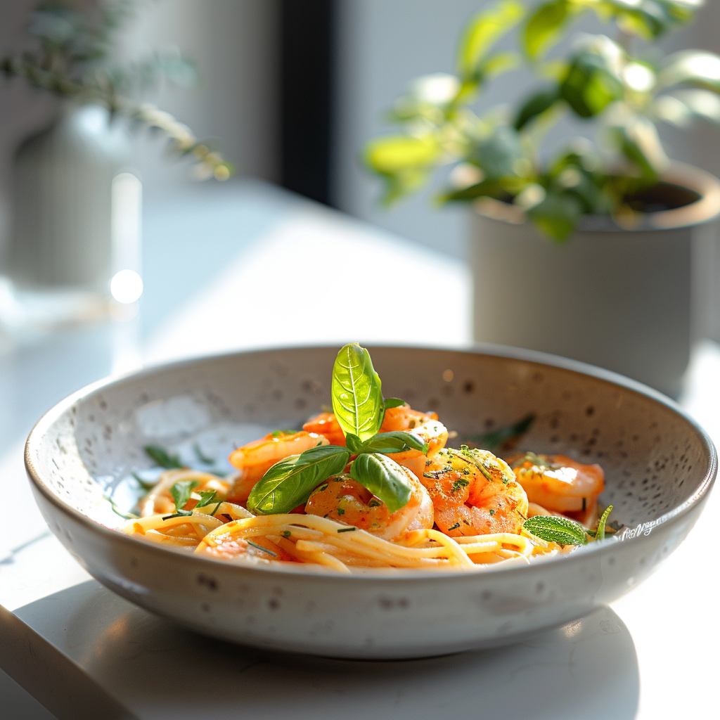 An elegant dish of c0zsqavjfns on a light grey plate, illuminated by natural window light.