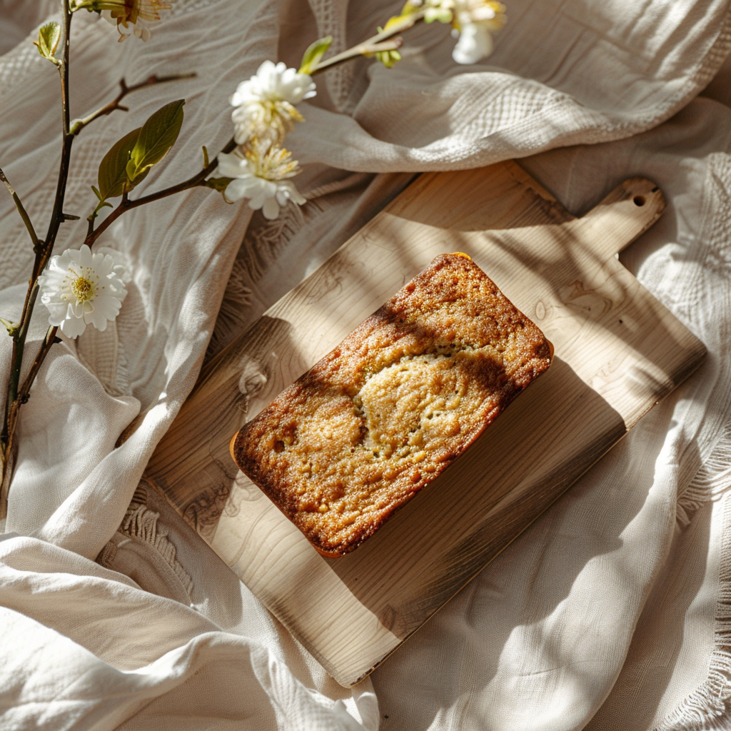 Top-down view of a slice of banana bread on a light wooden board, with soft shadows and bright natural light.
