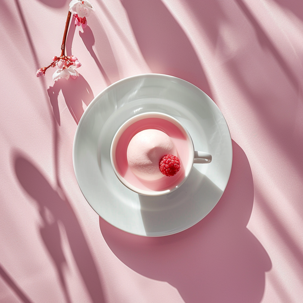 Top-down view of a beautifully styled dish of c0zsqavjfns on a pale pink surface, surrounded by soft lighting.