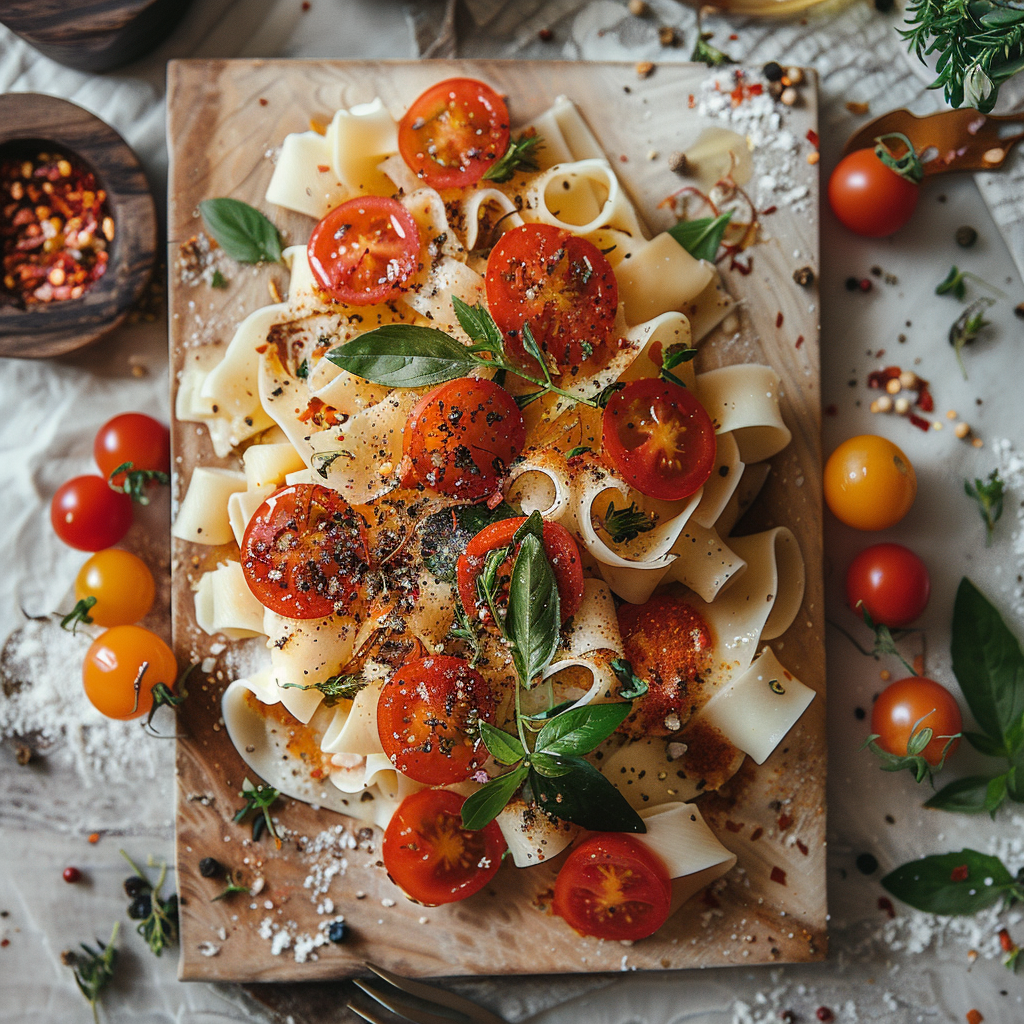Top-down view of a beautifully styled dish of c0zsqavjfns on a light wooden board.