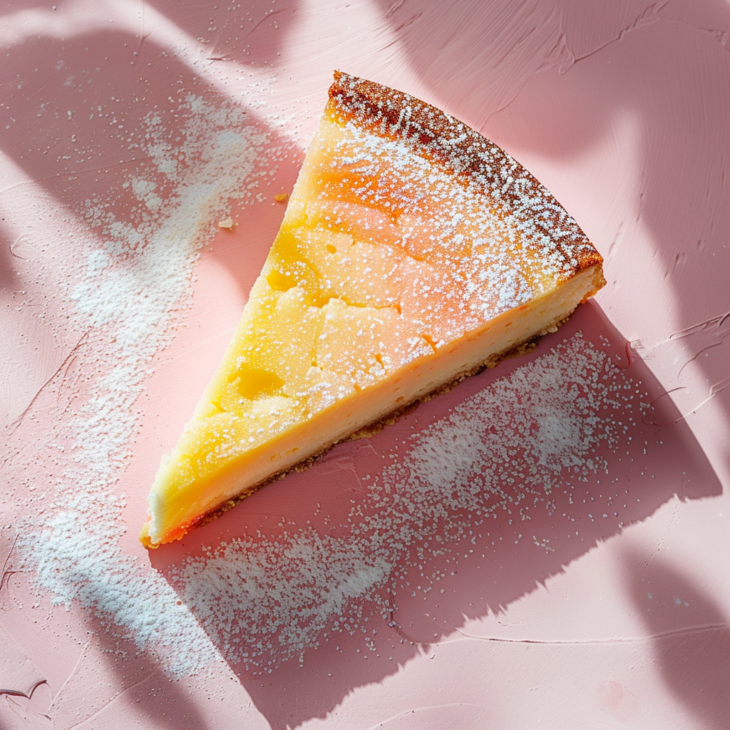 A top-down view of a perfectly sliced cake on a pale pink surface, elegantly presented with natural light.