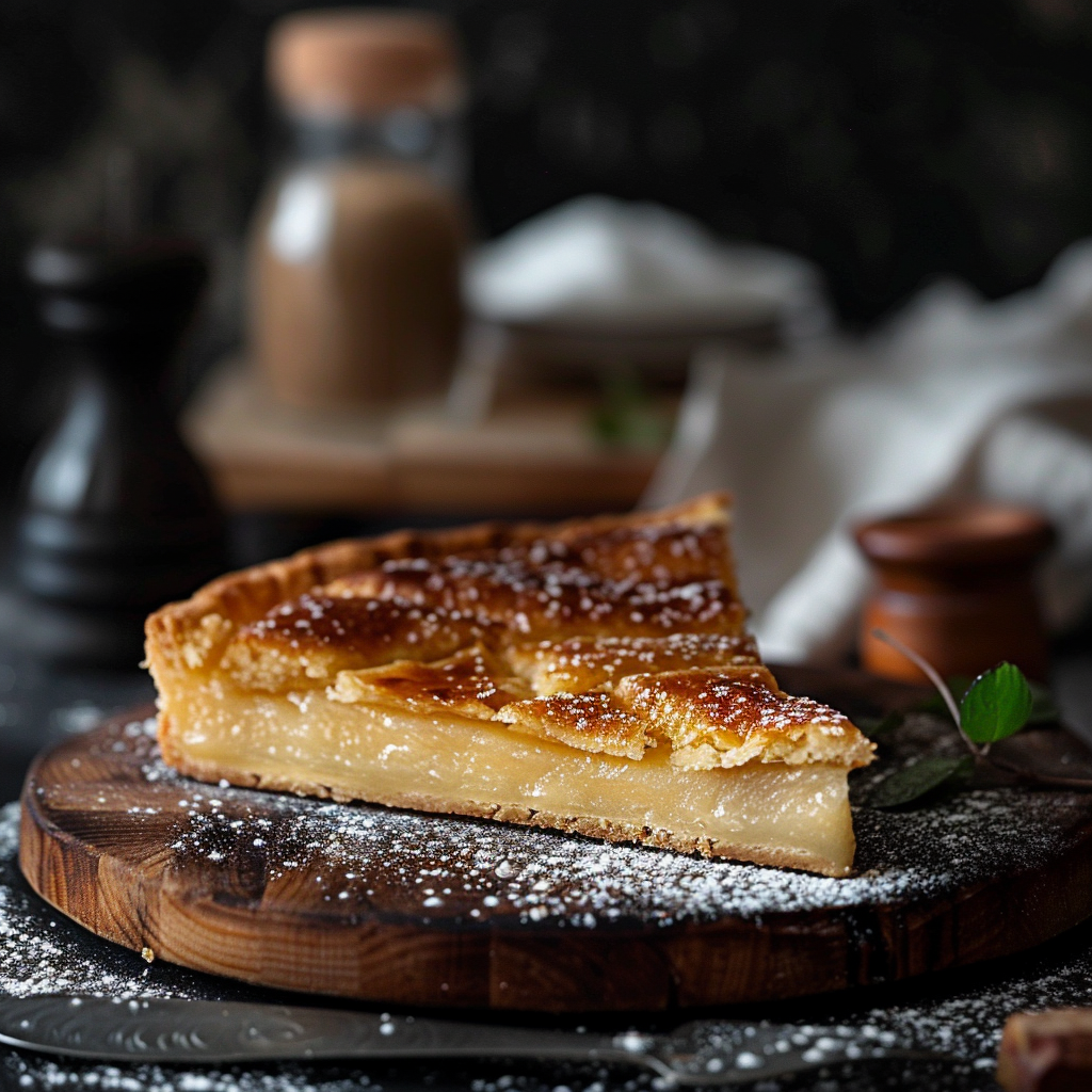 A perfectly sliced piece of recipe name on a dark stone surface with dramatic side-lighting.