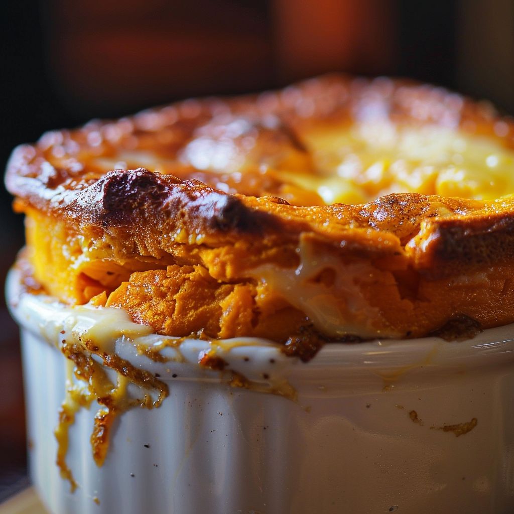 Close-up of a light and fluffy French Sweet Potato Soufflé in a ramekin, showcasing its golden-brown top.
