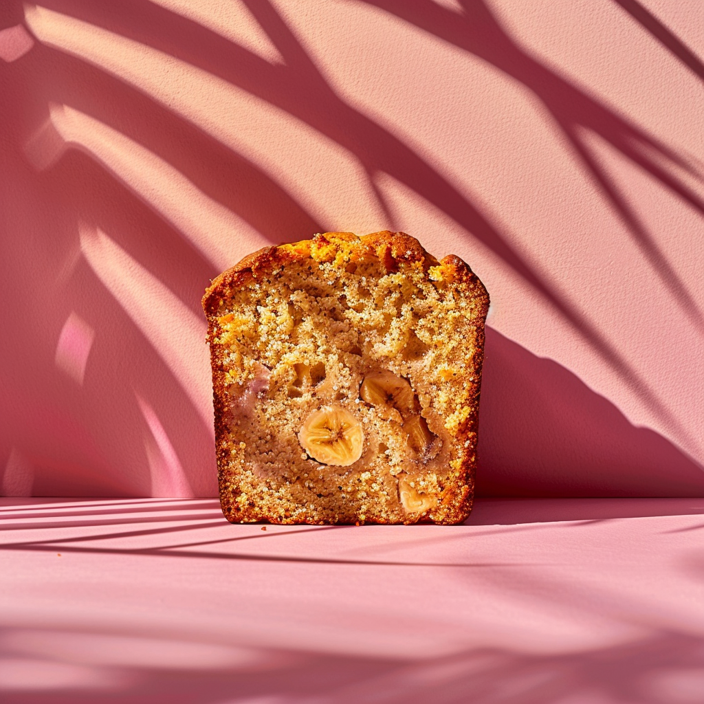 A top-down view of a perfectly sliced banana bread made from yellow cake mix, displayed on a pale pink background.