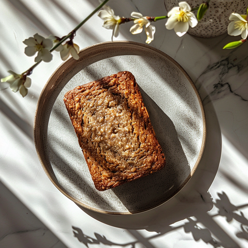 Top-down view of a slice of vegan banana bread on a light grey ceramic plate.