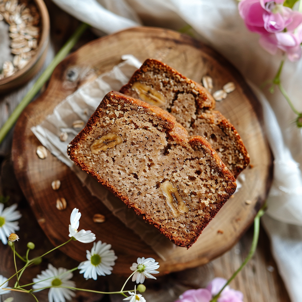 Top view of a slice of easy vegan banana bread on a light wooden board.