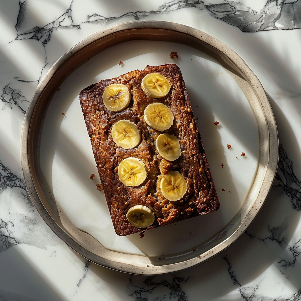 Top view of a slice of easy banana bread on a marble countertop, surrounded by natural light.