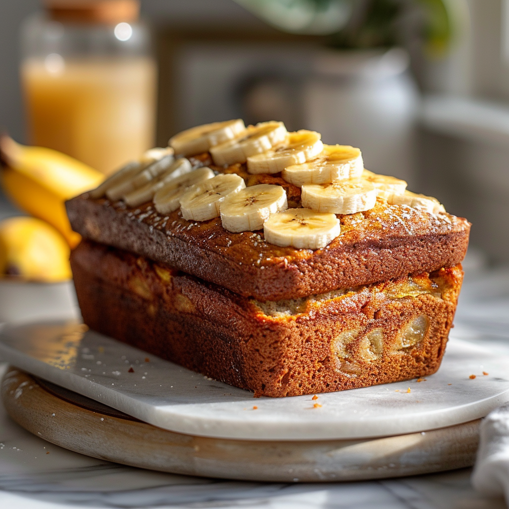 Close-up of a slice of moist banana bread on a white marble countertop.