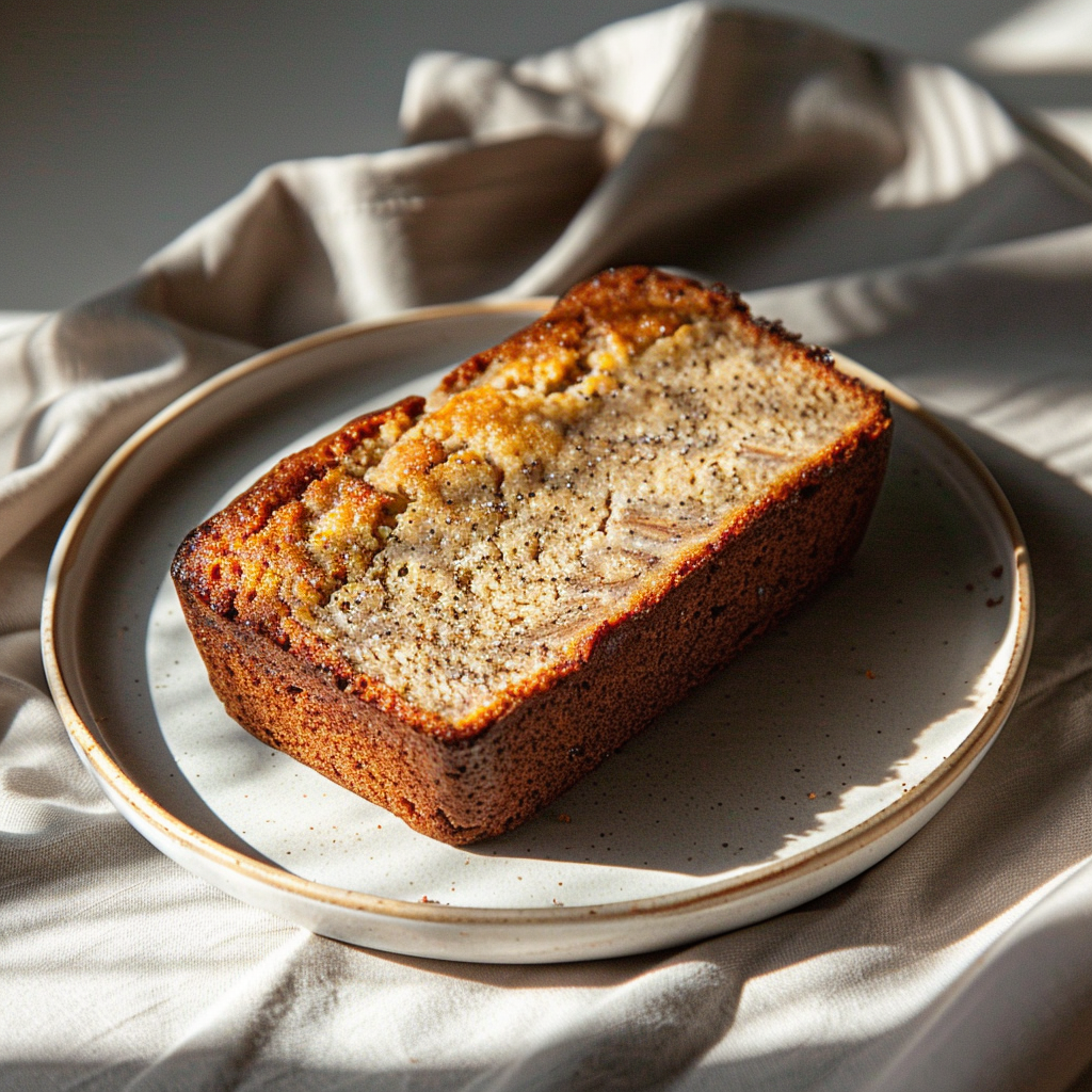 A beautifully styled portion of moist banana bread on a light grey plate, captured from above in natural light.