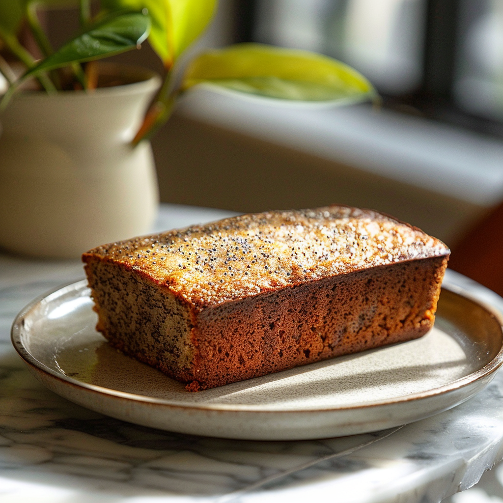 A slice of moist banana bread made with two bananas, served on a light grey ceramic plate.