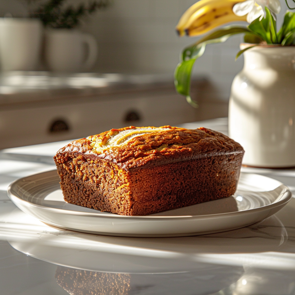 A slice of buttermilk banana bread on a white marble countertop, illuminated by natural light.