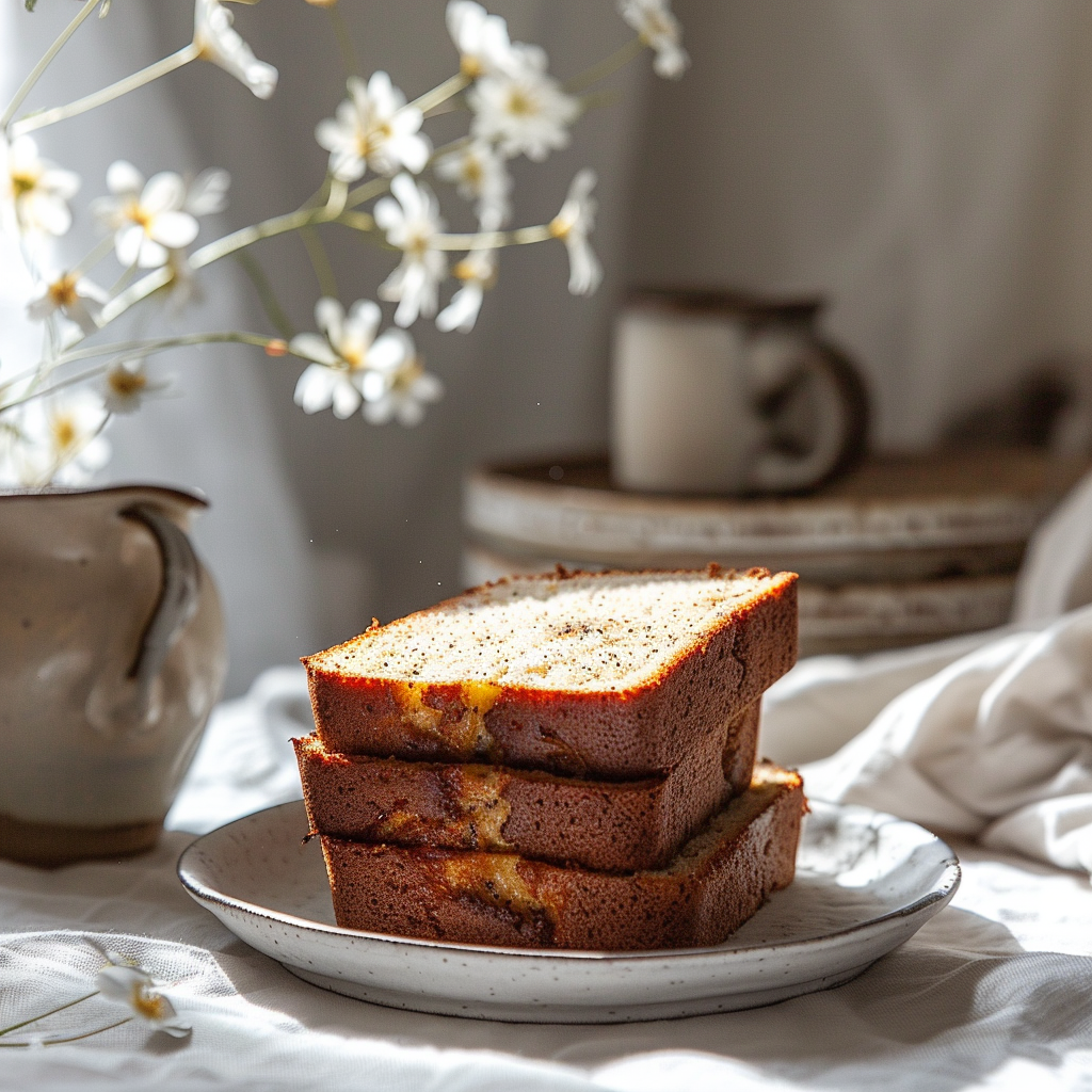 A slice of buttermilk banana bread on a light grey ceramic plate, illuminated by natural light.