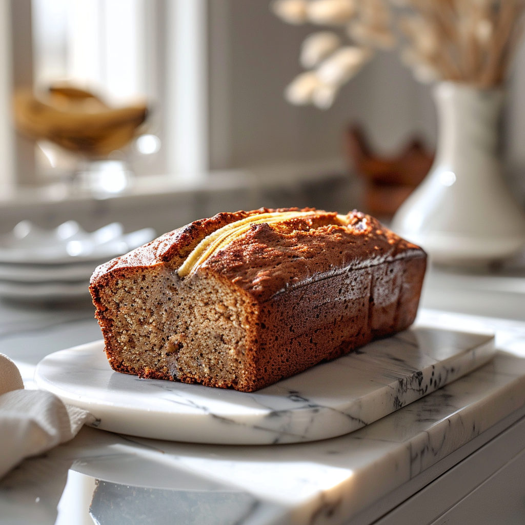 A beautifully styled slice of banana bread on a white marble countertop, illuminated by natural light.