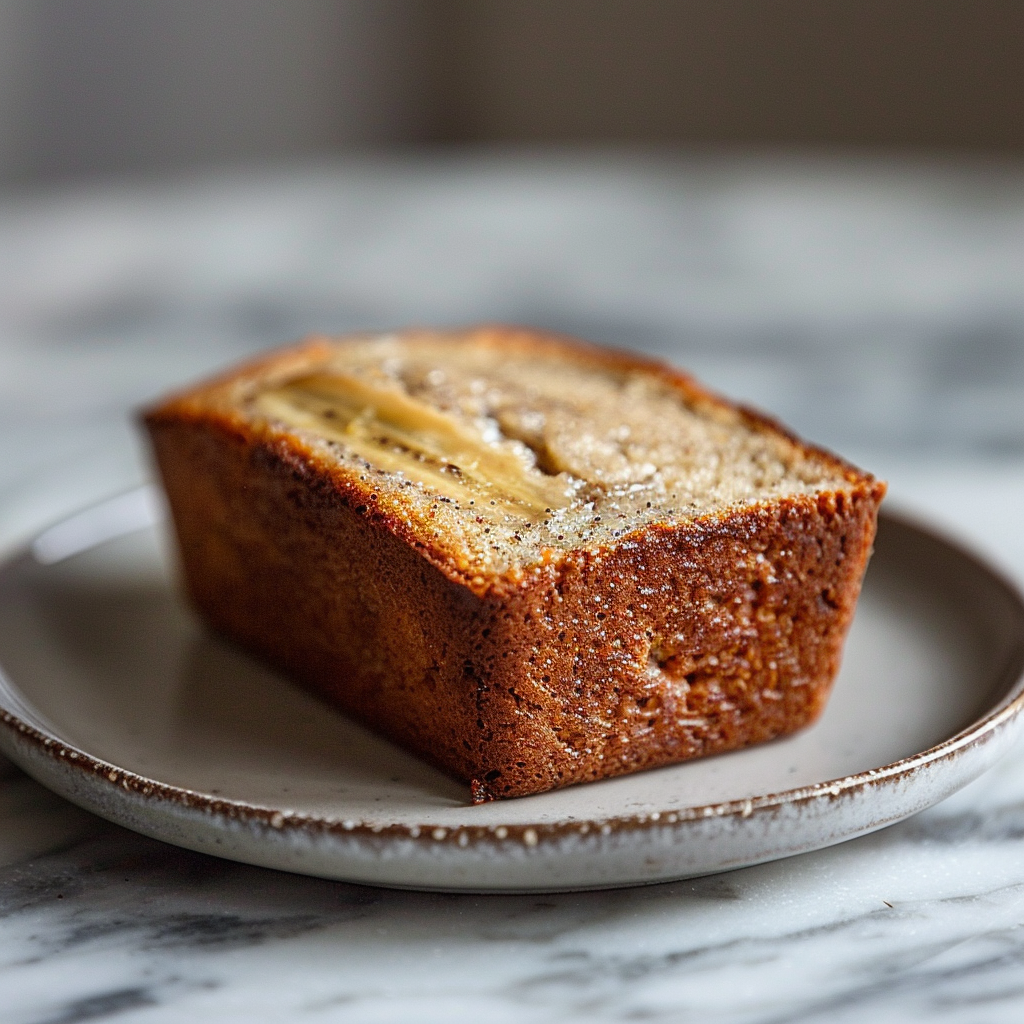 Close-up of a slice of buttermilk banana bread on a light grey plate.