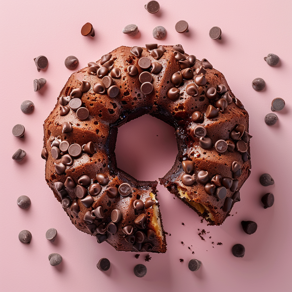 A perfect slice of chocolate chip banana bundt cake on a pale pink surface, elegantly styled.