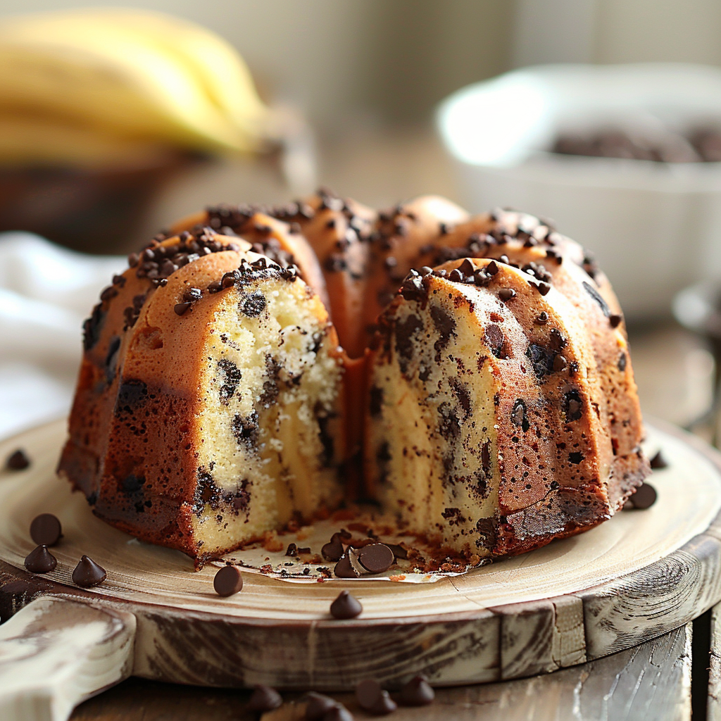 A close-up slice of chocolate chip banana bundt cake, showcasing a moist crumb and rich chocolate chips, presented on a light wooden board.