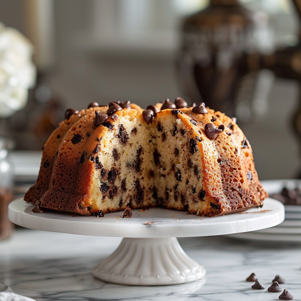 A close-up slice of chocolate chip banana bundt cake on a marble countertop.