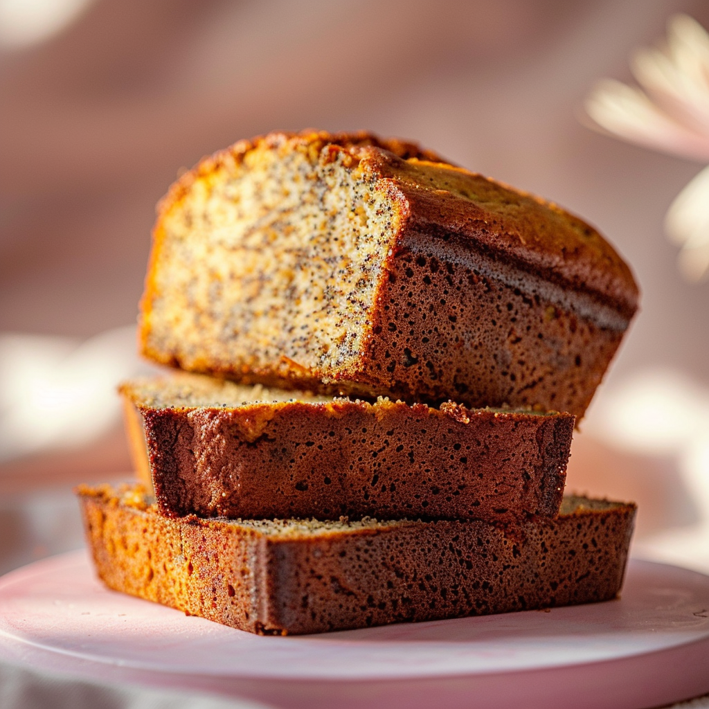 A slice of moist buttermilk banana bread on a pale pink surface, well-lit and elegantly styled.