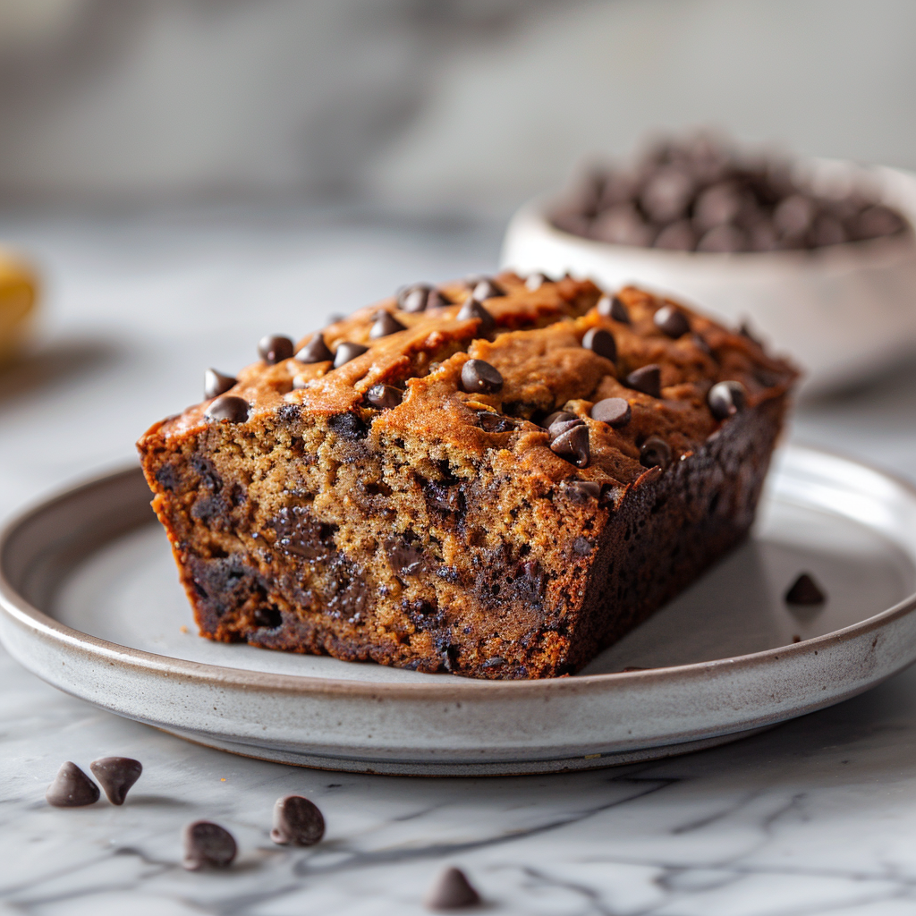A slice of moist chocolate chip banana bread on a light grey plate.