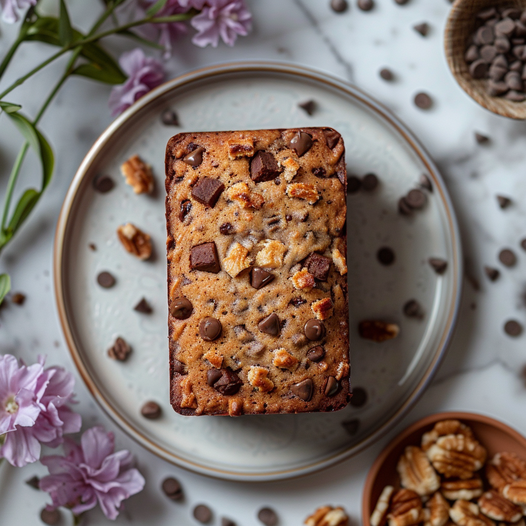 A top-down view of mini loaves of chocolate chip banana bread on a light grey plate.