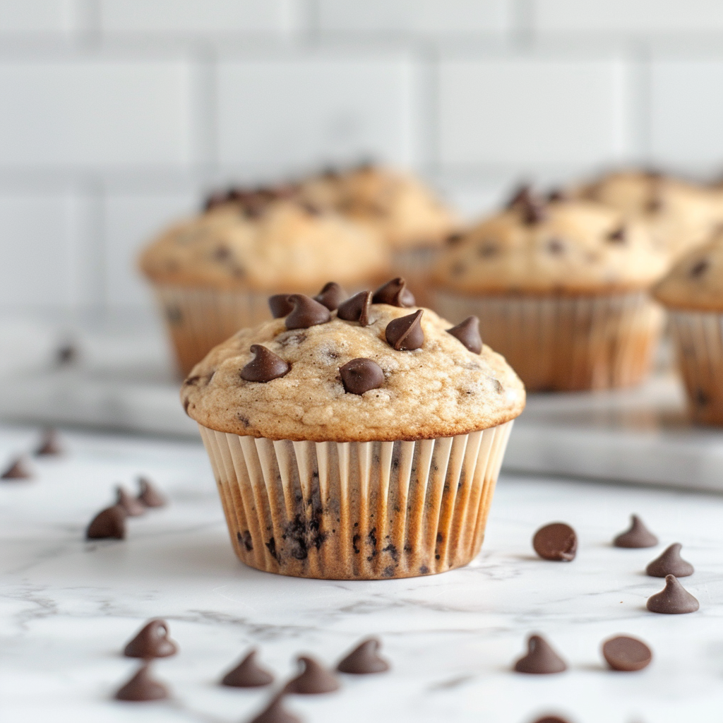 A close-up view of moist banana chocolate chip muffins on a marble countertop.