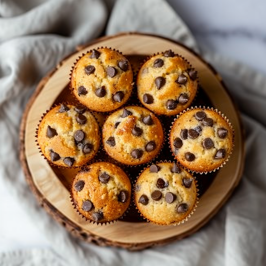 A flatlay of moist banana chocolate chip muffins on a light wooden board.