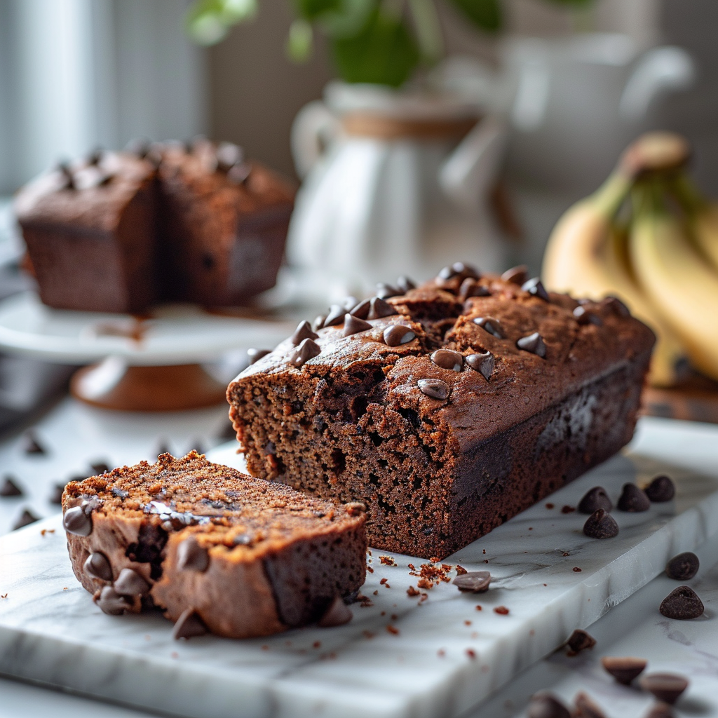 A close-up of warm banana bread mini loaves on a white marble countertop.