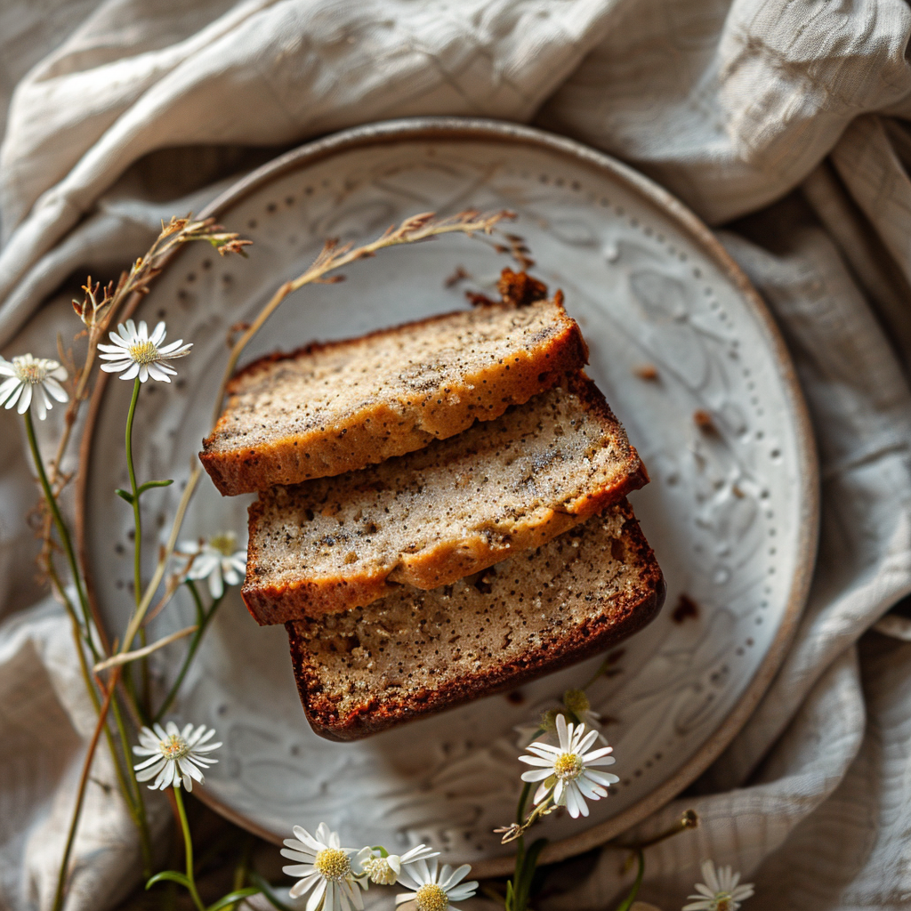 Top-down view of moist banana bread on a light grey plate, surrounded by natural light.