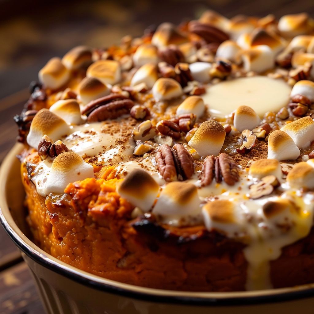 Close-up shot of a fluffy Sweet Potato Soufflé topped with mini marshmallows.
