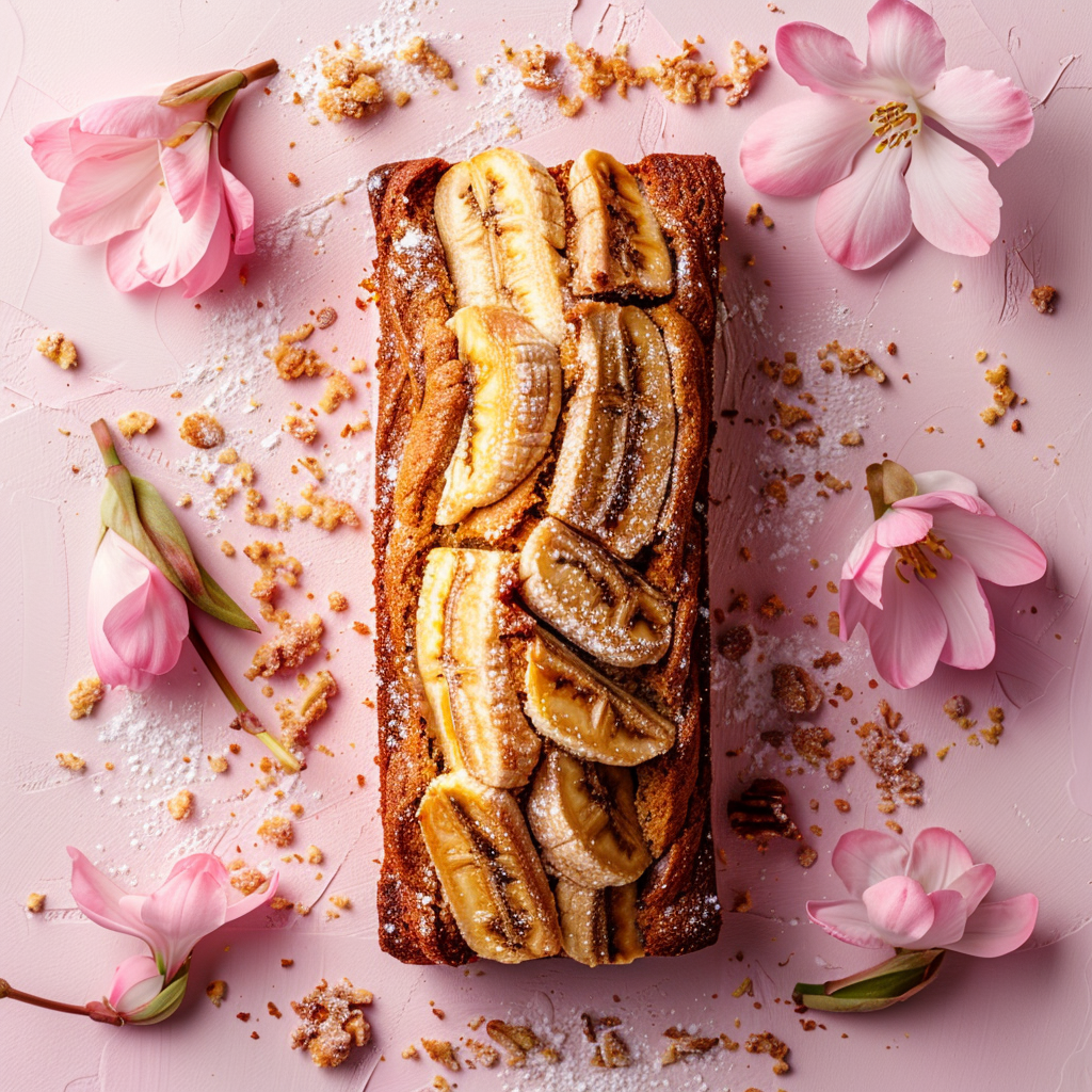 A top-down view of moist banana bread on a pale pink surface, styled elegantly with bright natural lighting.