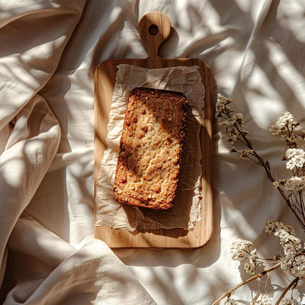 Top-down view of a slice of mayo banana bread on a pale pink surface, illuminated by natural light.