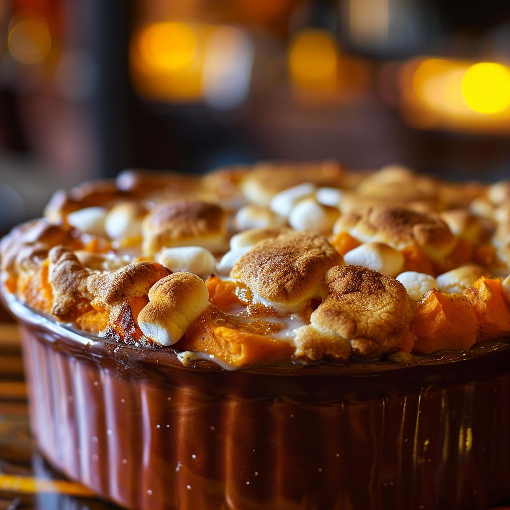 Close-up shot of a golden-brown Sweet Potato Soufflé topped with mini marshmallows, illuminated by warm natural light.