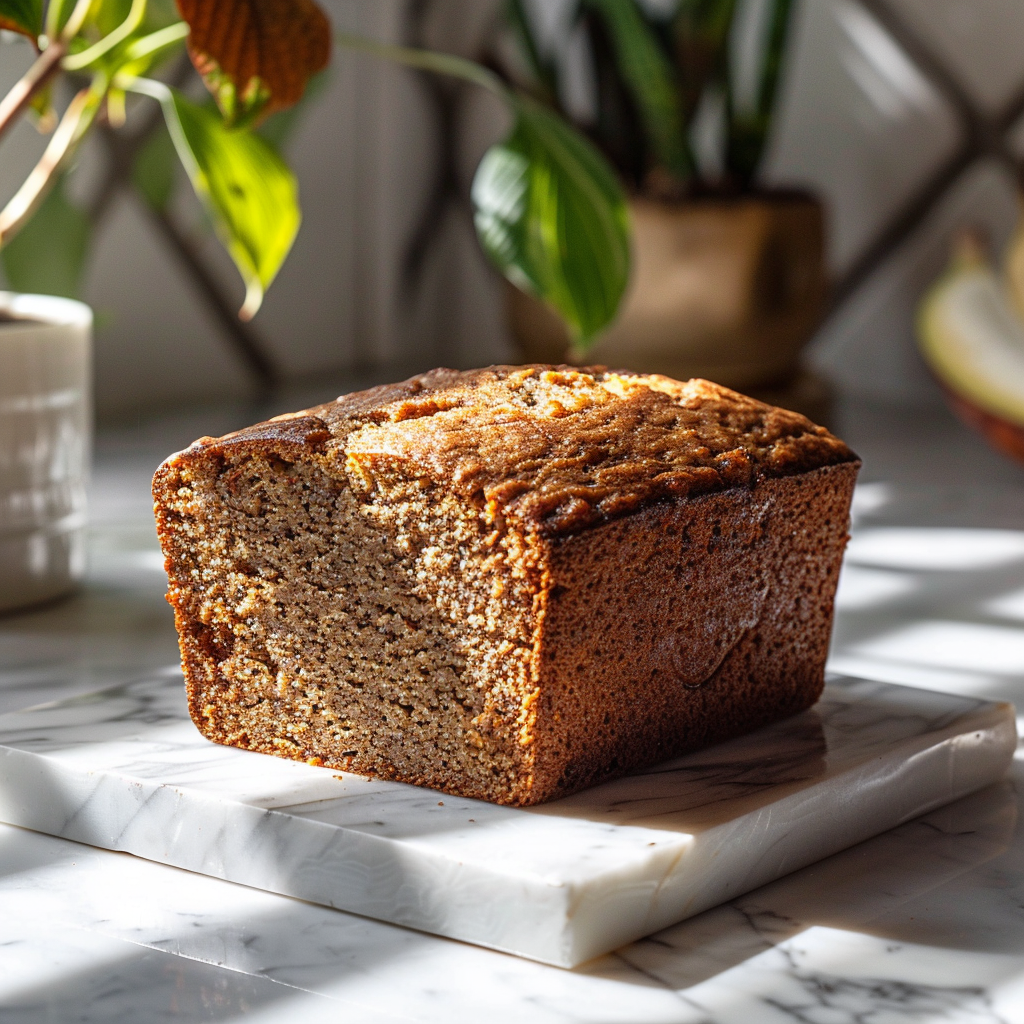 A slice of gluten-free banana bread on a white marble countertop.