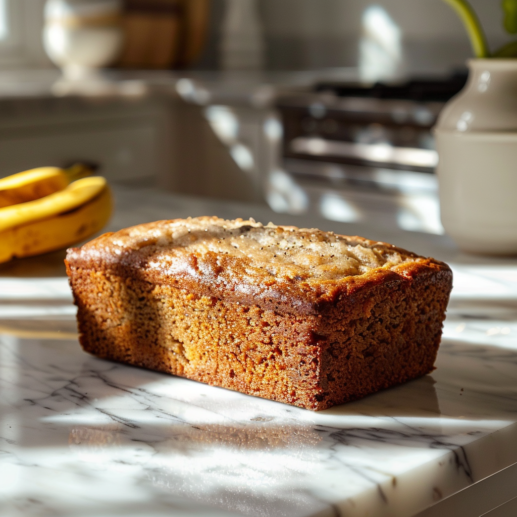 Close-up of a slice of moist banana bread on a marble countertop with soft lighting.