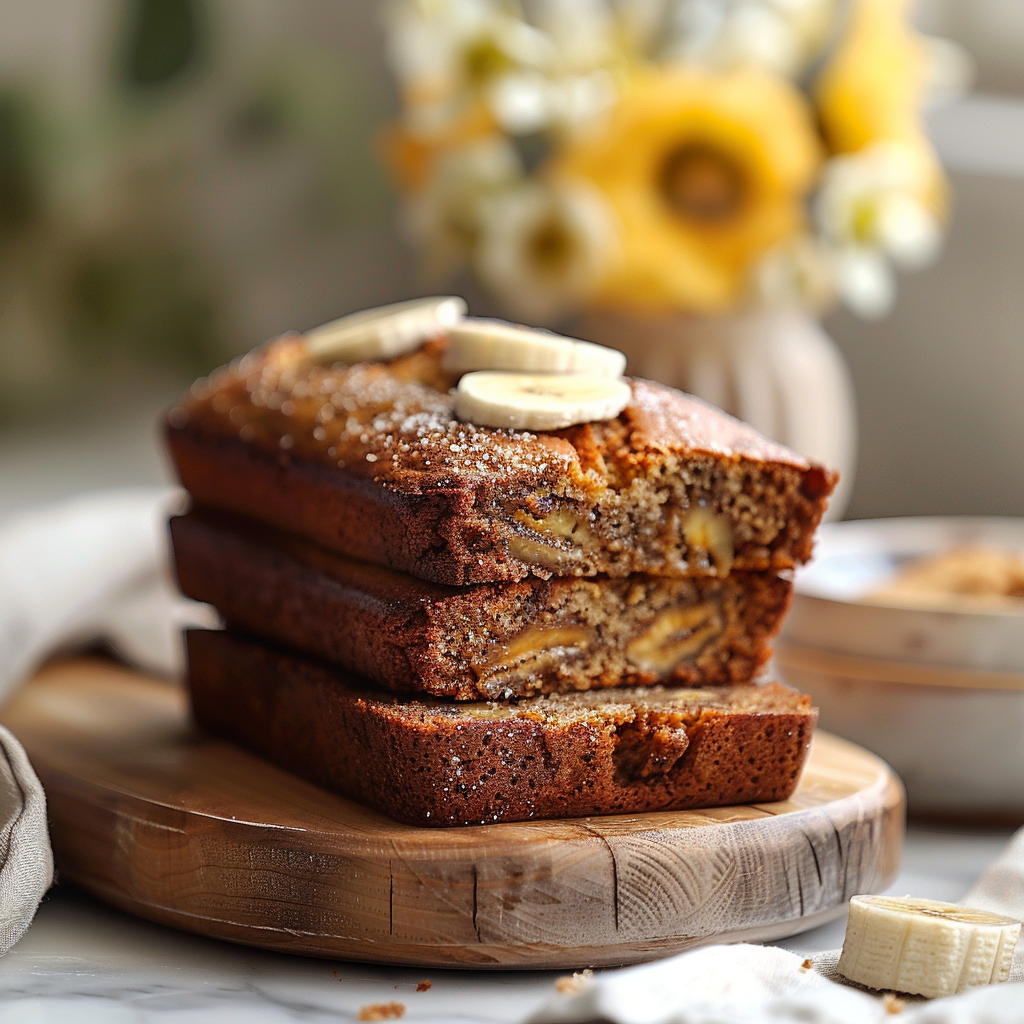 Close-up of a slice of moist banana bread on a light wooden board, bathed in soft natural light.