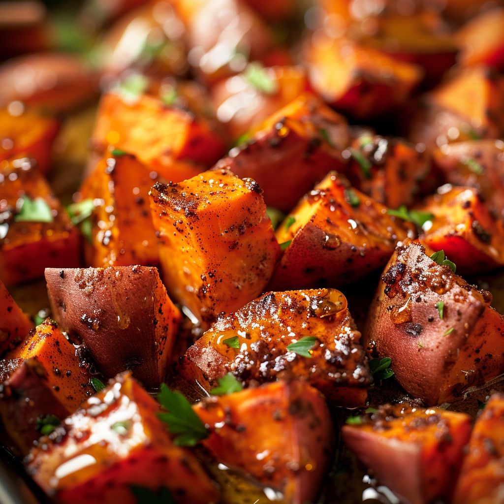 Close-up shot of roasted sweet potato cubes drizzled with honey and sprinkled with cinnamon, set against a blurred background.
