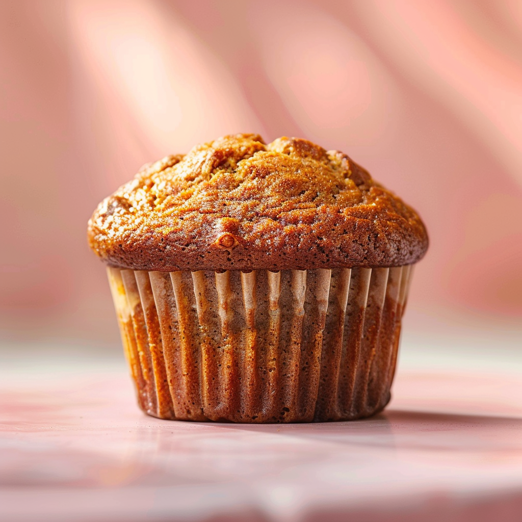 Close-up view of freshly baked banana bread muffins on a pale pink surface.