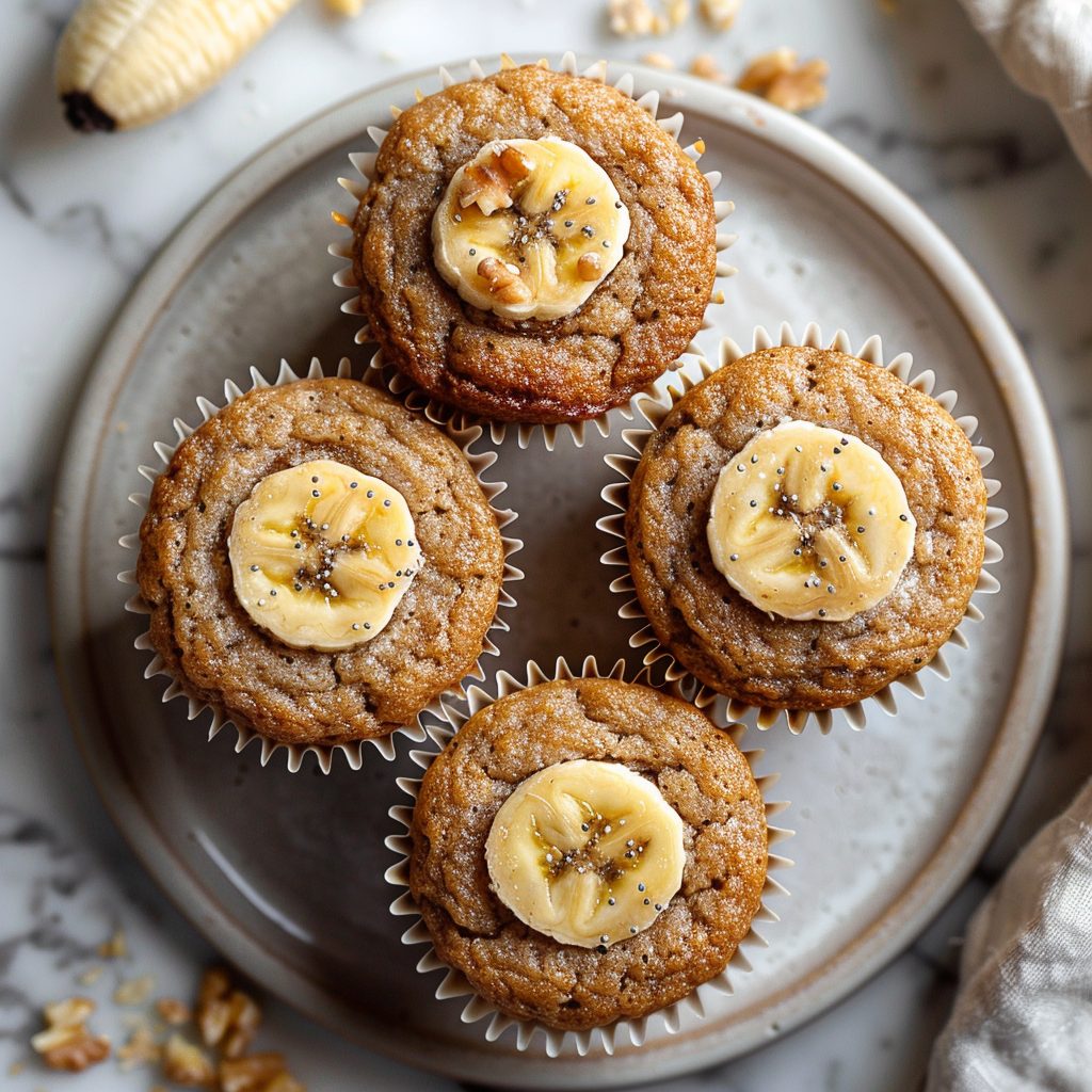 A top-down view of moist banana muffins arranged on a light grey ceramic plate.