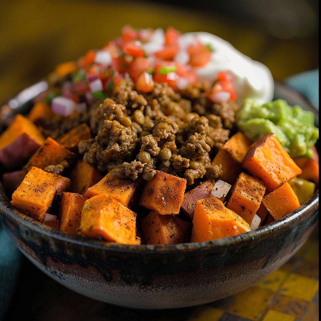 A close-up shot of a Sweet Potato Taco Bowl, featuring vibrant ingredients like cubed sweet potato, ground beef, pico de gallo, and guacamole.