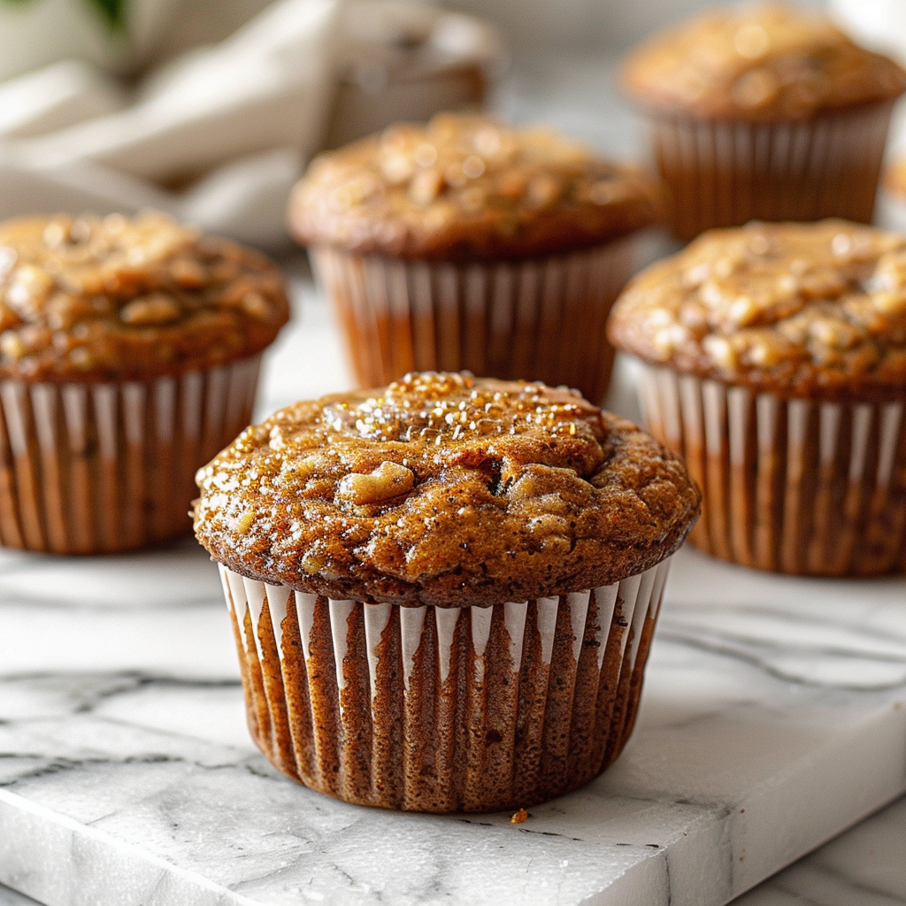 Close-up of moist banana muffins on a white marble countertop with natural light.