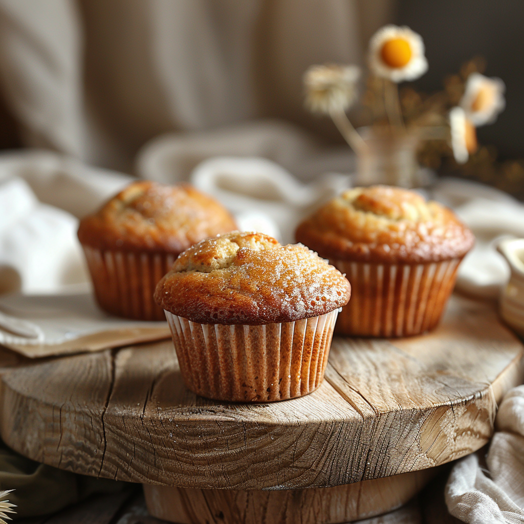 Close-up of moist banana muffins elegantly arranged on a light-washed wooden board.
